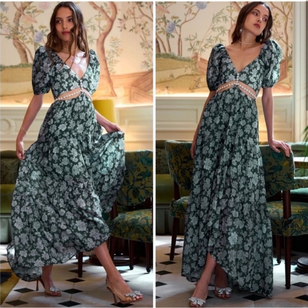 V Chapman The Emma Dress In Emerald Peony Floral Green Maxi Cut Out Size 2‎